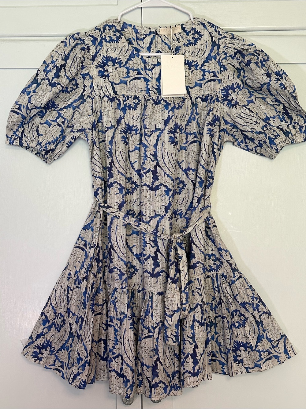Ulla Johnson Blue and Cream Floral Tiered Mini Dress